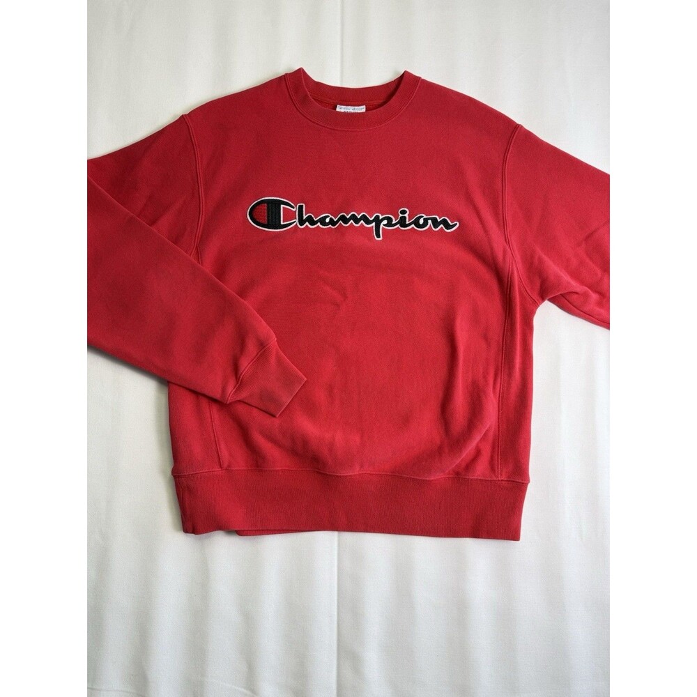 Champion Reverse Weave Men's M Red Cotton Fleece Crewneck Logo Ribbed Cuffs